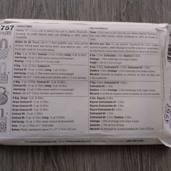 Handbag Sewing Pattern Chenille Purse Shoulder Bag Simplicity 4757 UNCUT - Picture 5 of 10